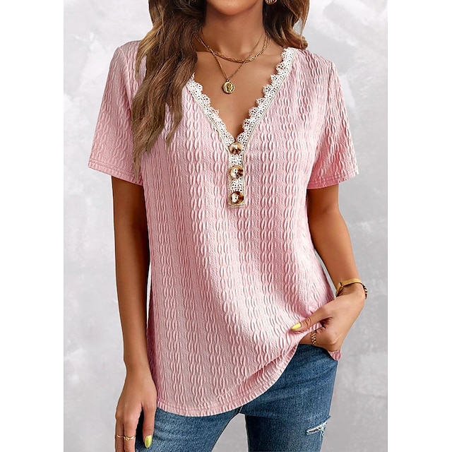 여성용 T 셔츠 블러슁 핑크 단추 레이스 트림 플레인 일상 주말 짧은 소매 V 넥 베이직 보통 S