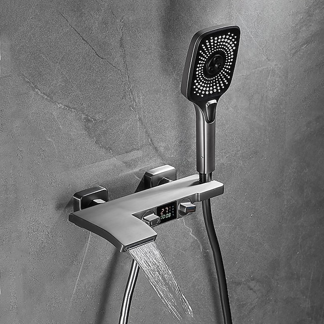  grifo de bañera de montaje en pared con rociador de ducha de mano, pantalla LED juego de ducha de bañera montado en la pared válvula de latón caño de cascada, grifo monomando de baño, sistema de ducha de llenado manual