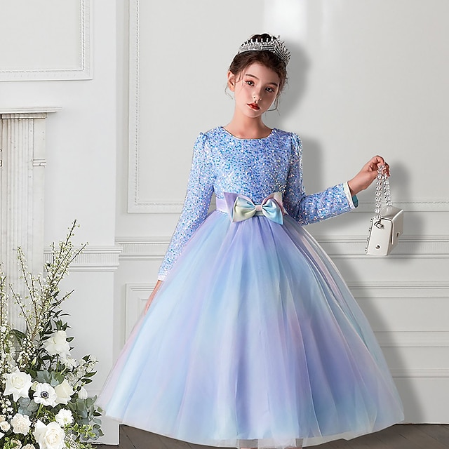  платье с цветочным узором для девочек детское вечернее платье для девочек однотонное платье из тюля с цветочным принтом платье макси с пайетками с круглым вырезом и длинным рукавом элегантное платье 4-13 лет весна розовый синий
