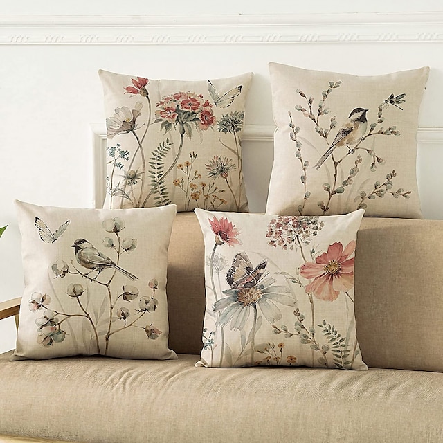  Flower Bird Butterfly Double Side Pillow Cover 4PC Soft Decorative Pillowcase for Bedroom Livingroom Sofa Couch Chair Machine Washable