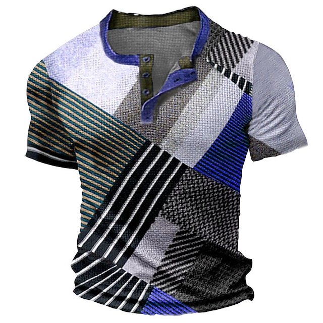  Bărbați Grafic Bloc Culoare Cămașă Henley Waffle Tricouri Cămașă de epocă Manșon scurt Tipărire 3D Modă Designer Comfortabil În aer liber Casual Zilnic Vară Negru Albastru piscină Albastru celest