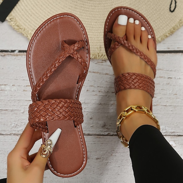  Women's Sandals Slippers Plus Size Flat Heel Minimalism Faux Leather Dark Brown