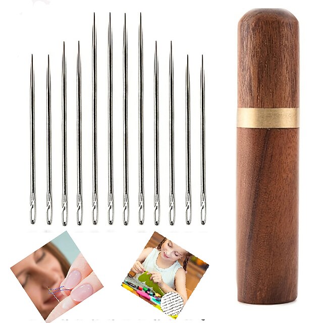12Pcs Cross Stitch Needle with Wood Needle Case Leather Needles for