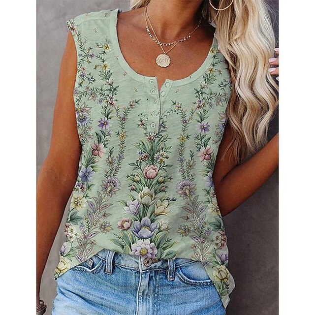  Women's Tank Top Green Floral Button Print Sleeveless Casual Basic Round Neck Regular Floral S
