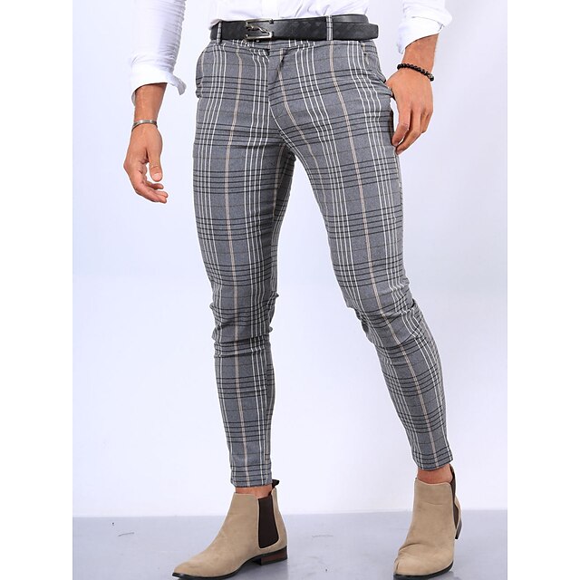  Men's Trousers Chinos Chino Pants Plaid Dress Pants Pocket Plaid Comfort Breathable Outdoor Daily Going out Cotton Blend Fashion Streetwear Light Grey Dark Gray