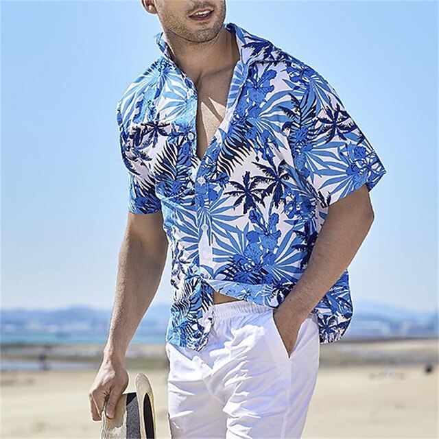Men's Summer Hawaiian Shirt Button Up Shirt Summer Shirt Casual Shirt Beach Shirt Yellow Blue
