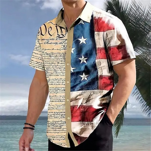  Men's Shirt Summer Hawaiian Shirt Graphic Prints American Flag Turndown White Red Khaki Black+Gray Gray Outdoor Street Short Sleeves Print Clothing Apparel Fashion Streetwear Designer Soft