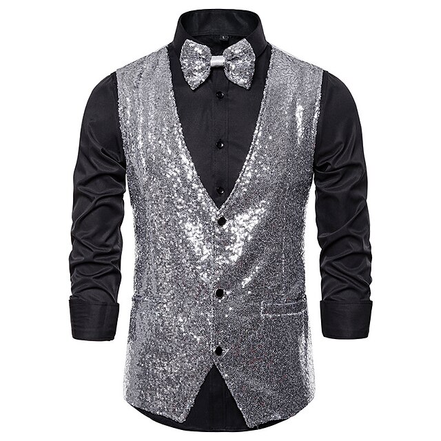  Gilet classico da uomo in paillettes vestibilità su misura scollo a V monopetto a tre bottoni argento nero borgogna