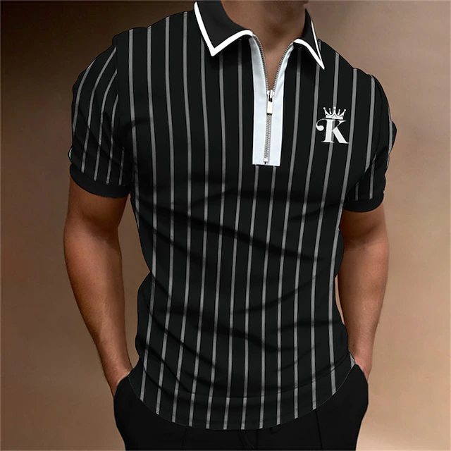 Men's Golf Shirt Polo Street Casual Quarter Zip Short Sleeve Fashion Casual Striped Embroidered Zipper Spring & Summer Regular Fit Black / Gray Wine Royal Blue Golf Shirt 5