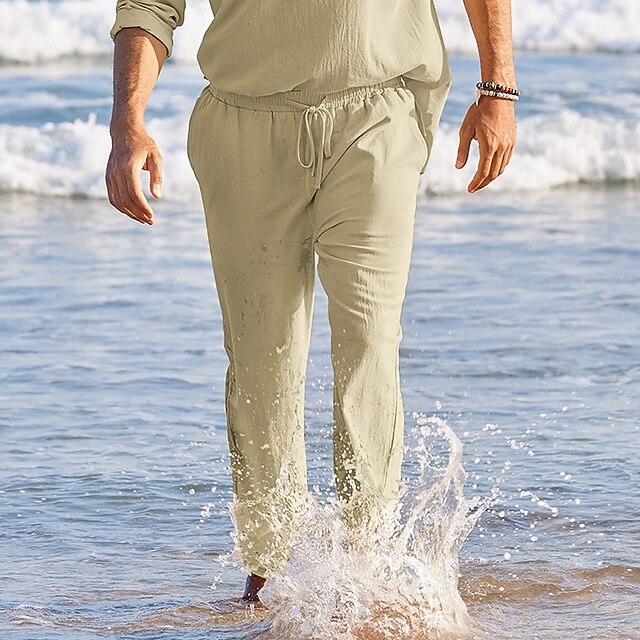 Pantalon Lin Homme Été Décontracté – Coton Lin Respirant, Cordon Taille Élastique, Coupe Ample Plage Et Vacances