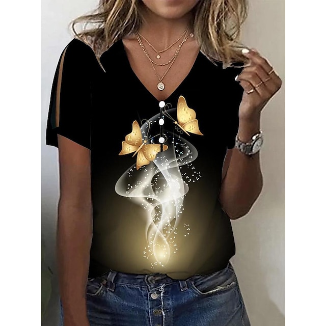  Women's T shirt Tee Yellow Gold Rainbow Button Cut Out Butterfly Holiday Weekend Short Sleeve V Neck Basic Regular Butterfly Painting S