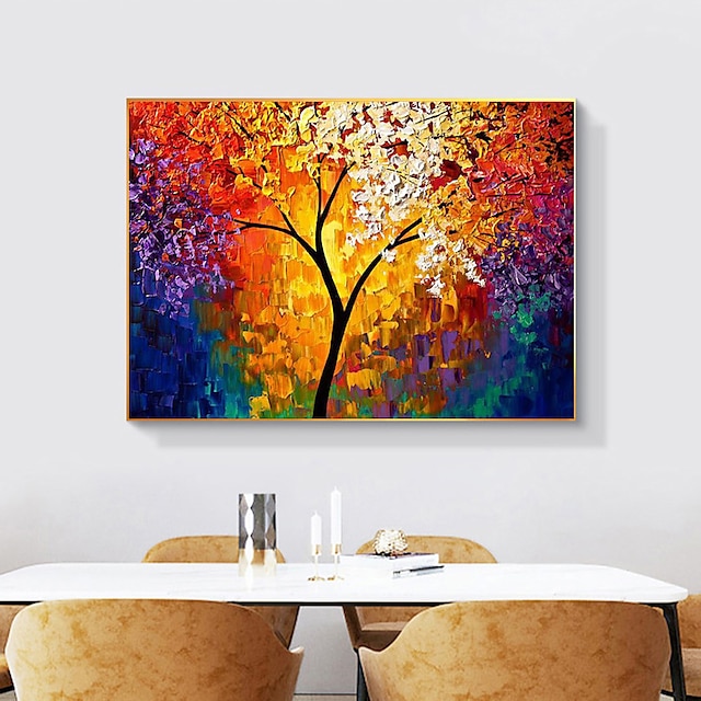  Arte de parede de árvore de tamanho grande para sala de estar pintura a óleo de floresta pintada à mão arte colorida paisagem lona decoração de casa decoração de parede
