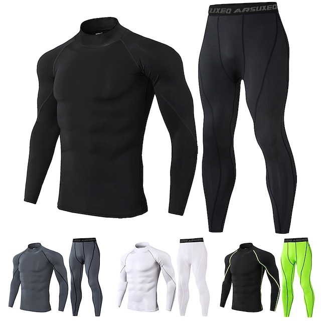  Arsuxeo Men's Activewear Set Compression Suit 2 Piece Athletic Long Sleeve High Neck Spandex Breathable Quick Dry Soft Fitness Running Jogging Sportswear Activewear Solid Colored Black White Black