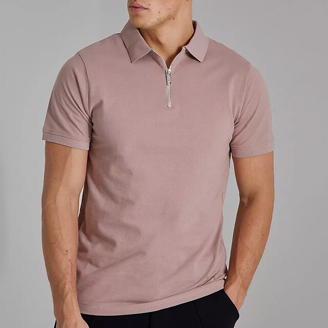  Men's Zip Polo Golf Shirt Casual Sports Quarter Zip Short Sleeve Basic Comfortable Solid Color Plain Classic Style Classic Summer Regular Fit Pink Zip Polo