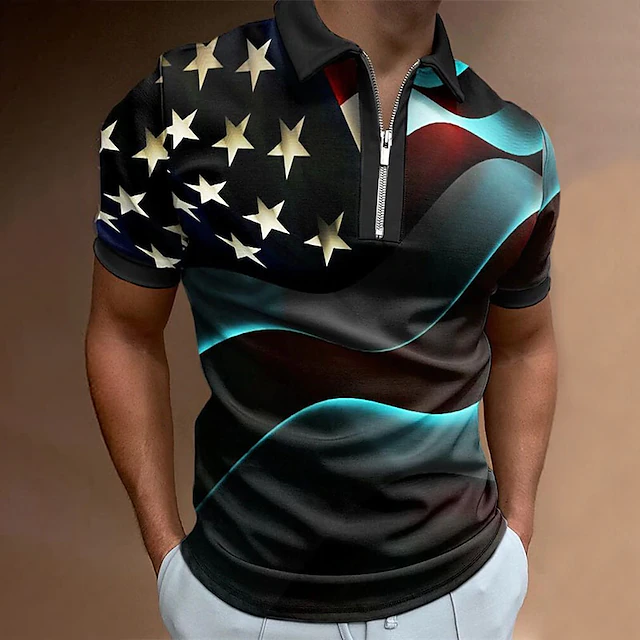 Men's American Flag Veterans Zip Polo Shirts Golf Shirt Short Sleeve Polo Shirts Collared Shirts Casual Streetwear Vacation Wear Party Outfits 3D Print Quarter Zip Polo Black White Black / Purple 11