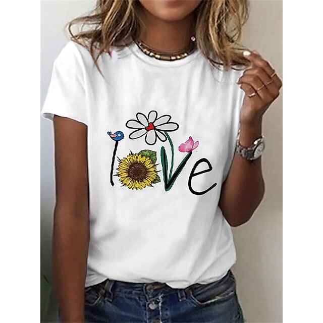  Women's T shirt Tee White Floral Print Short Sleeve Holiday Weekend Basic Round Neck Regular Floral Painting S