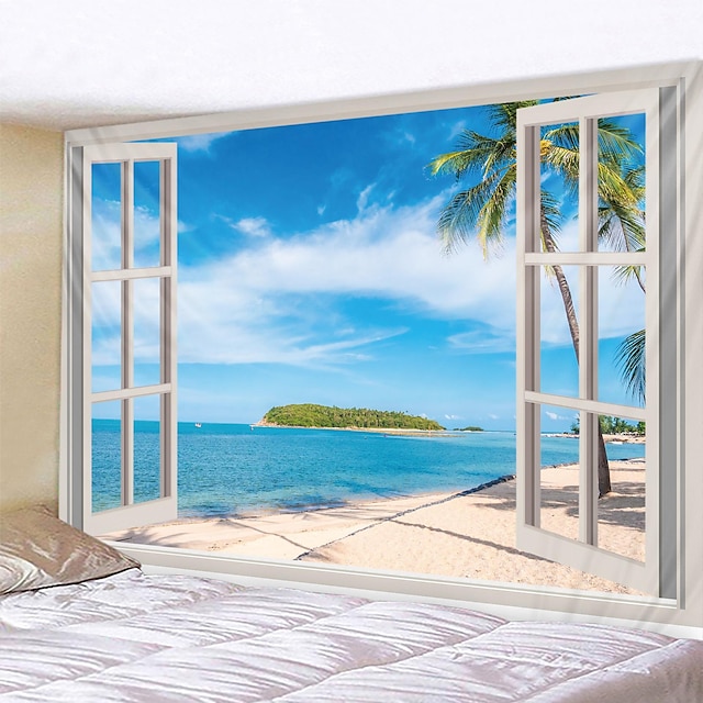  Ocean Landscape Window Hanging Tapestry Wall Art Large Tapestry Mural Decor Photograph Backdrop Blanket Curtain Home Bedroom Living Room Decoration