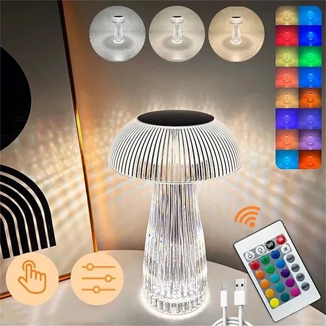  Lâmpada de água-viva criativa moderna candeeiro de mesa recarregável de cristal luzes noturnas toque de cogumelo dimmer lâmpada rgb 16 cores para mesa de casa decoração de cabeceira iluminação