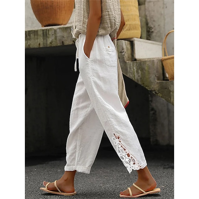  Women's Pants Trousers Linen / Cotton Blend White Fashion Casual Weekend Lace Side Pockets Ankle-Length Comfort Plain S M L XL 2XL