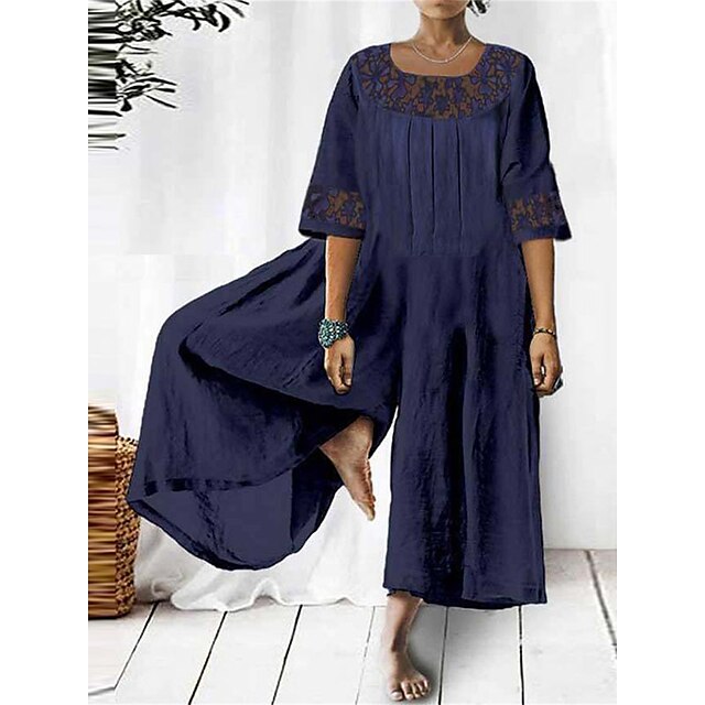  Women's Jumpsuit Lace Solid Color Crew Neck Casual Home Daily Regular Fit Half Sleeve Navy Blue S M L Summer