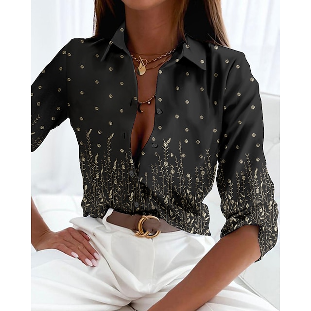  Women's Shirt Blouse Black Floral Button Print Long Sleeve Casual Holiday Basic Shirt Collar Regular Floral S