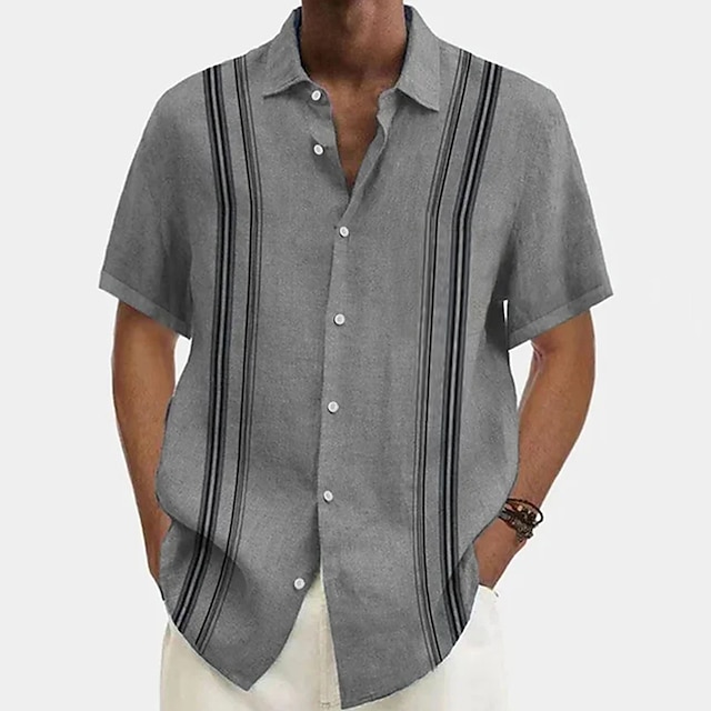  Homens Camisa de linho de algodão Camisa casual camisa de verão camisa de praia Azul Verde cáqui Manga Curta Riscas Aberto para a Lateral Verão Havaiana Feriado Roupa Bolso frontal