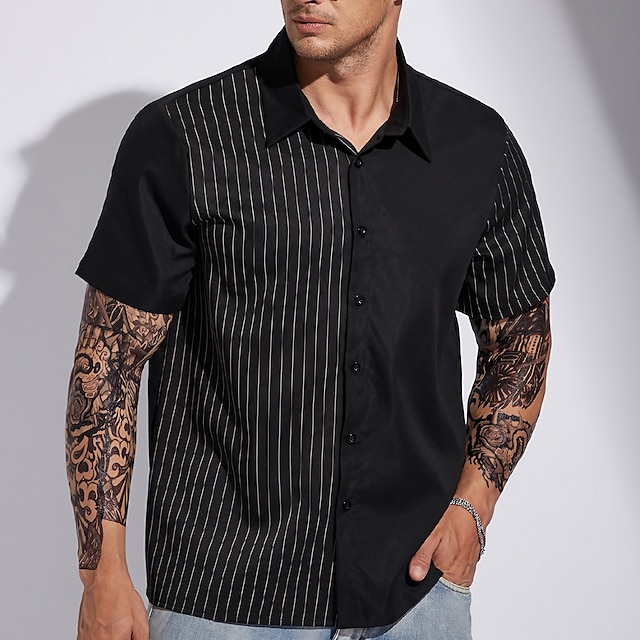  Men's Striped Shirt Casual Shirt Button Up Shirt Short Sleeve Shirt Turndown Outdoor Vacation Black Plus Size Clothing Apparel Modern Style Retro Vintage