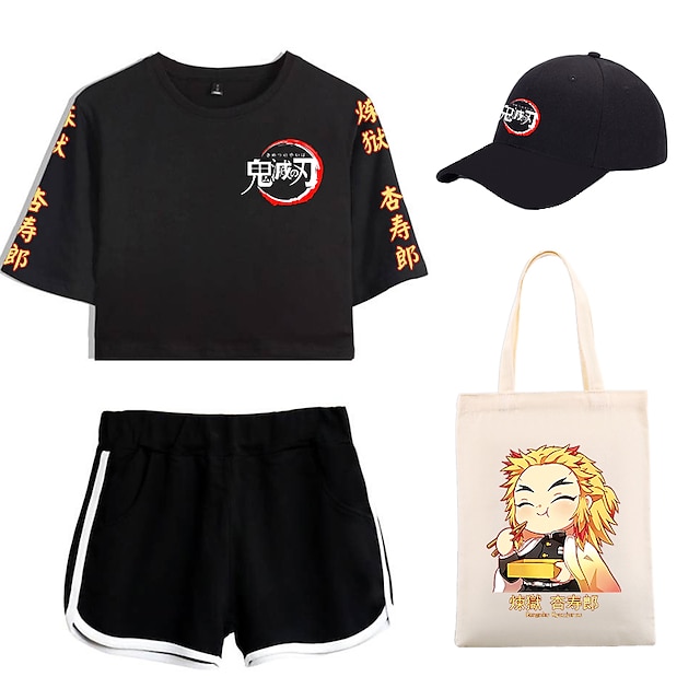  4 Piece Demon Slayer Printed Shorts Crop Top Baseball Caps Canvas Tote Bags Set Rengoku Kyoujurou Tee T-Shirt Shorts Co-ord Sets For Women's Adults' Outfits & Matching Casual Daily Running Gym Sports