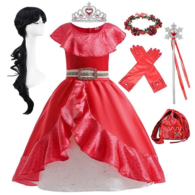  Elena of Avalor Fairytale Princess Elena Dress Outfits Girls' Movie Cosplay Active Sweet Red Dress Gloves Bag