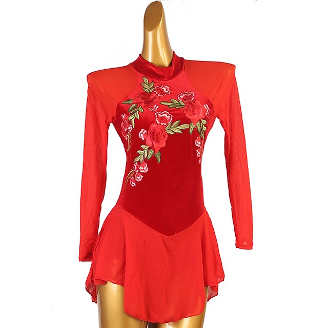 Figure Skating Dress Women's Girls' Ice Skating Dress Red Patchwork