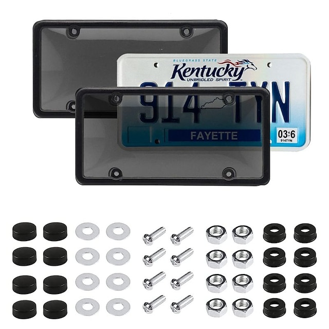  2 PCS Car Smoked License Plate Covers Frame Shield Combo Unbreakable Tinted License Plate Covers and Frames fits Any Plates Clear Novelty Bubble Plastic Plate with Screws