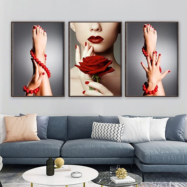  3 Piece Canvas Print Beauty Fashion Woman Portrait with Red Rose Flower Red Lips and Nails Wall Art Luxury Makeup and Manicure Poster Framed Art Work for Spa Salon Bathroom Walls Decor