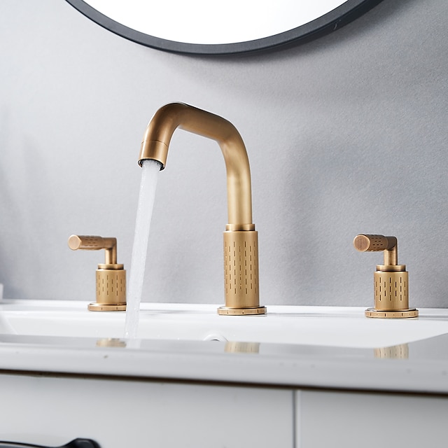  広く普及している浴室のシンクの混合栓 360 度回転式、真ちゅう製の 3 穴 2 ハンドルの洗面器の蛇口デッキが取り付けられています。