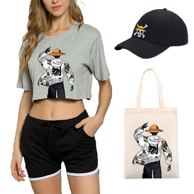  4 Piece Luffy Printed Shorts Crop Top Baseball Caps Canvas Tote Bags Set One Piece Tee T-Shirt Shorts Co-ord Sets For Women's Adults' Outfits & Matching Casual Daily Running Gym Sports