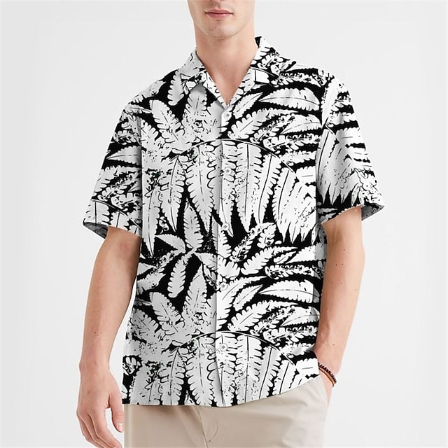  Men's Shirt Summer Hawaiian Shirt Graphic Prints Leaves Cuban Collar Black Casual Holiday Short Sleeve Button-Down Print Clothing Apparel Sports Fashion Streetwear Designer