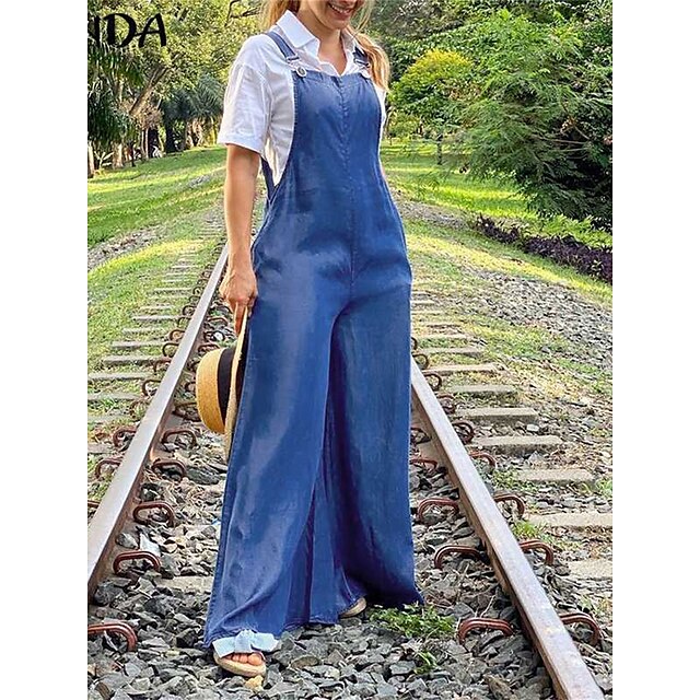  Women's Overall Pocket Solid Color U Neck Streetwear Daily Vacation Regular Fit Strap Black Navy Blue Light Blue S M L Summer