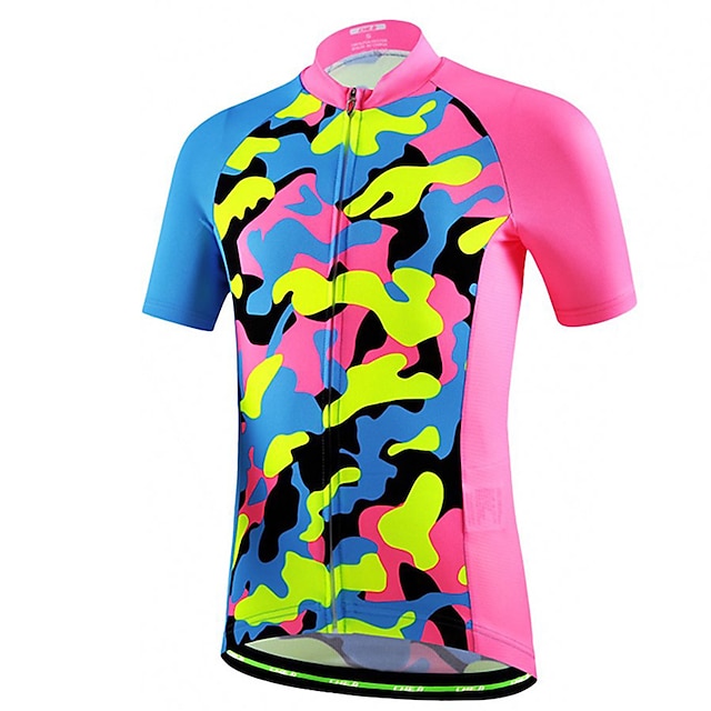 21Grams Women's Cycling Jersey Short Sleeve Bike Top with 3 Rear Pockets Mountain Bike MTB Road Bike Cycling Breathable Moisture Wicking Reflective Strips Back Pocket Yellow Pink Graphic Camo