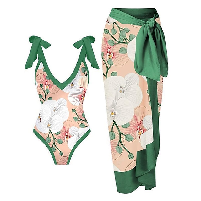  2 pcs Plavky Přehozy Retro 80. léta Dámské Květinový Polyester Trávová zelená Sukně Jednodílné plavky