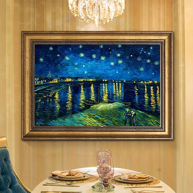  Handgefertigtes Ölgemälde auf Leinwand, Wandkunst, Dekoration, Van Gogh, Eindruck, berühmtes Gemälde, Sternenhimmel über der Rhone, für Wohnkultur, gerolltes, rahmenloses, ungedehntes Gemälde