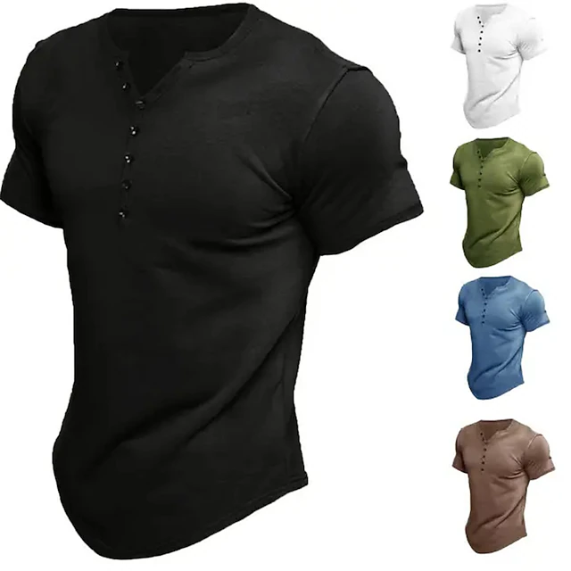 Men's T shirt Tee Henley Shirt Tee Top Plain V Neck Street Vacation Short Sleeves Button Clothing Apparel Fashion Basic 8