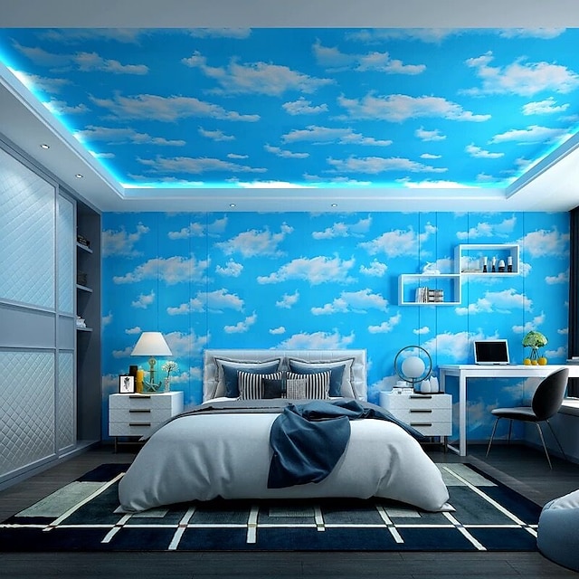  coola tapeter blå tapet väggmålning självhäftande pvc vattentät 3d blå himmel vit moln färg dekoration film sovrum vardagsrum tak vägg klistermärke omedelbart klistra in en rulle på 17.72*74.78inches