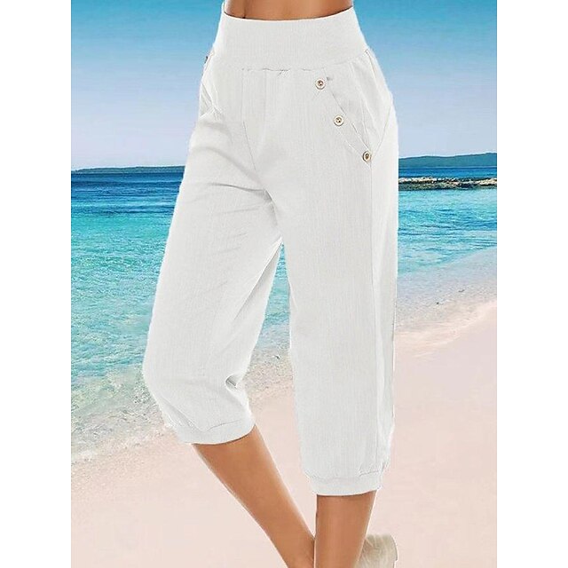  Women's Capri shorts Faux Linen Black White Blue Fashion coastal grandma style Casual Daily Side Pockets Calf-Length Comfort Plain S M L XL 2XL