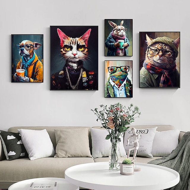  1pc Punk Rock Cat Portrait Oil Painting Wall Art Original Artwork Print Felino Anmail Mpressionist Home Decor Animal House Pet Decor