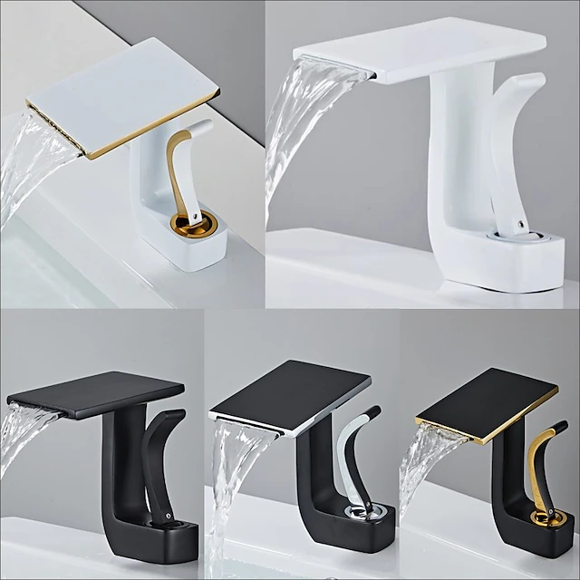 Waterfall Basin Sink Mixer Faucet, Brass Bathroom Taps Single Handle One Hole with Hot and Cold Hose Vessel Water Tap Deck Mounted 19