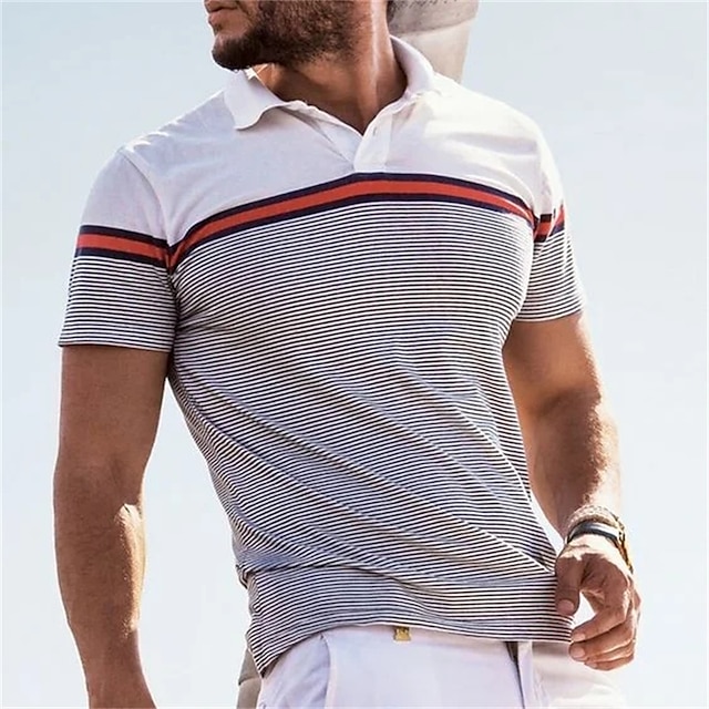  Homme POLO Tee Shirt Golf Entreprise Casual Revers Manche Courte Mode basique Rayure Bouton Eté Standard Blanche POLO