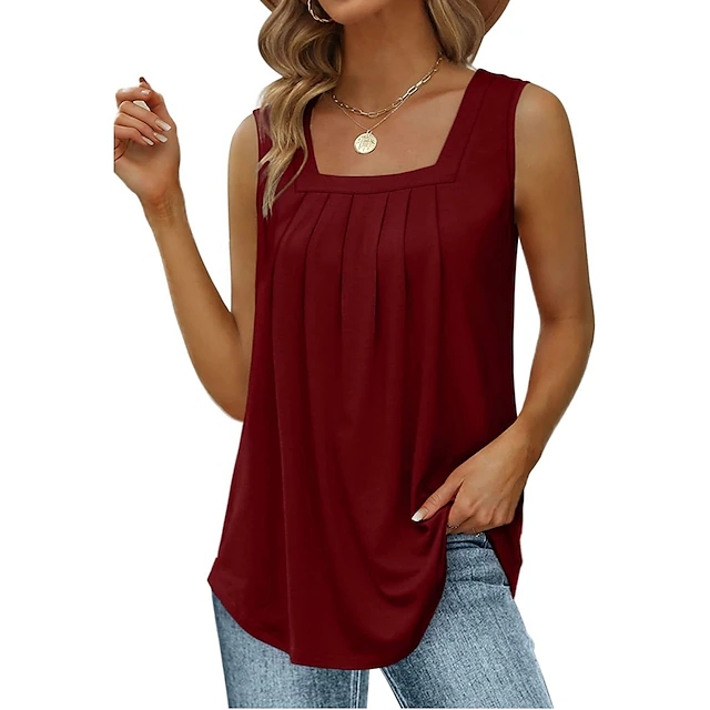 Tank Women's Wine Red Black White Solid / Plain Color Pleated Daily ...