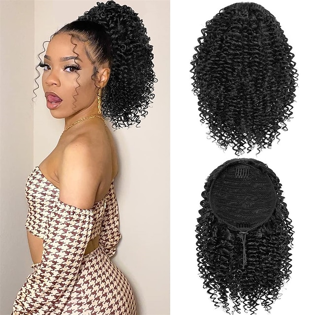  Short Kinky Curly Ponytail Extension for Black Women 10 Inch Natural Black Drawstring Curly Ponytail with Two Clips Synthetic Afro Drawstring Ponytail for Black Women