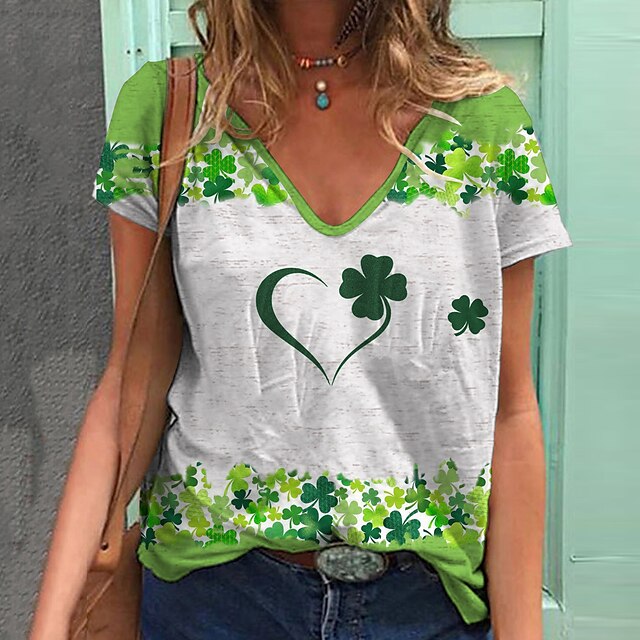  Women's T shirt Tee Grass Green White Ivory Leaf St. Patrick's Day Print Short Sleeve Holiday Weekend V Neck Regular Floral Painting S