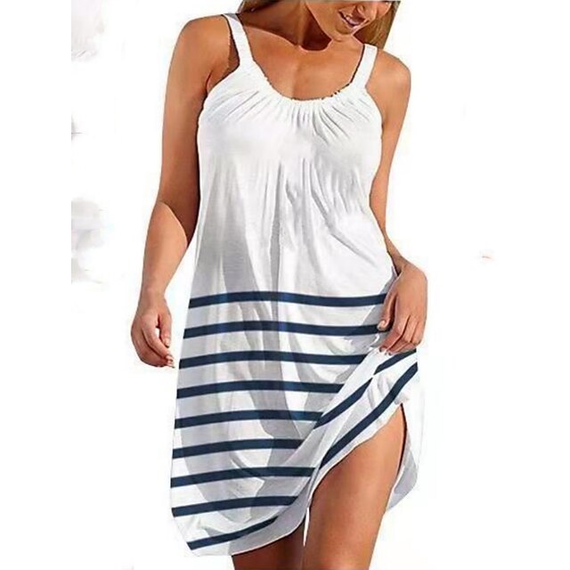  Women's Beach Dress Beach Wear Print Mini Dress Graphic Fashion Casual Sleeveless V Neck Daily Vacation Regular Fit White Sky Blue 2023 Summer Spring S M L XL
