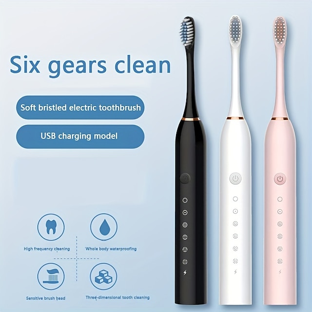  sonic elektrisk tannbørste for voksne - elektrisk oppladbar tannbørste med 4 børstehoder, 3 timers hurtiglading i 60 dager, 6 moduser ipx7 vanntett, 2 minutter smart timer oppladbar tannbørste